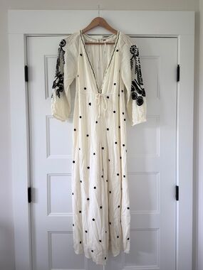 Free People Ivory Wide Leg Boho Jumpsuit with Black Embroidery XS 0